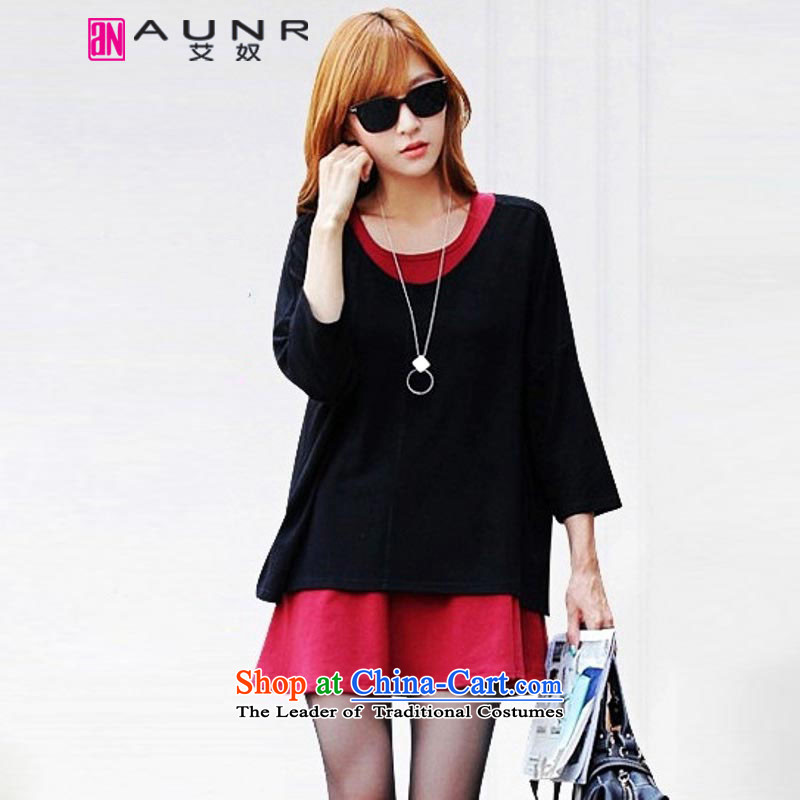 Ainu  autumn 2015 new for women Korean fashion, forming the two kits for larger women's dresses female Black with Red Dress 1414 XL