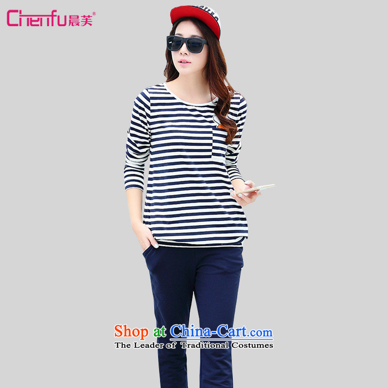 Morning to load to fall 2015 XL ladies casual stripes of the sportswear thick MM video thin, sweater pants and two piece blue striped 2XL_ recommendations 115-130 catties_