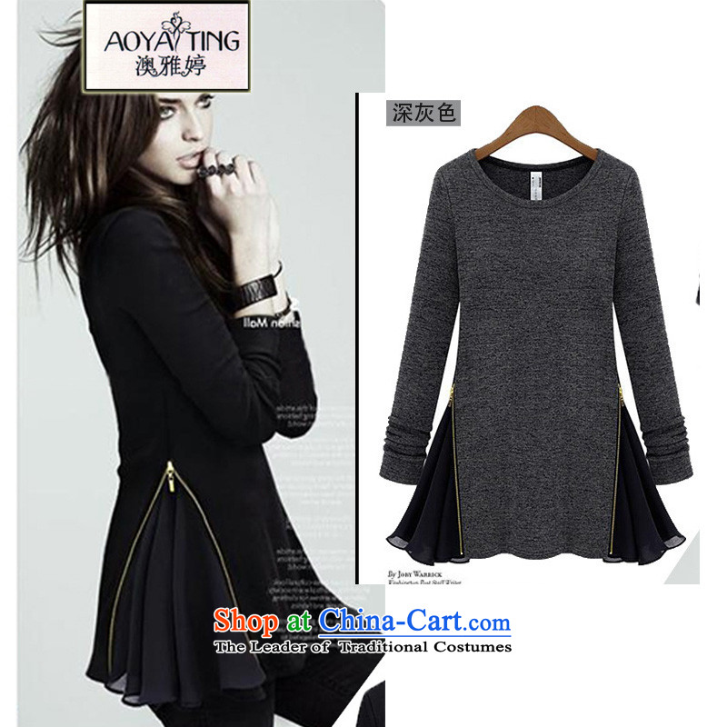 O Ya-ting 2015 to increase the number of women in autumn and winter new Fat MM round-neck collar stitching chiffon zip long-sleeved T-shirts are two false knitwear female 1608 carbon XXXXL, o Ya-ting (aoyating) , , , shopping on the Internet