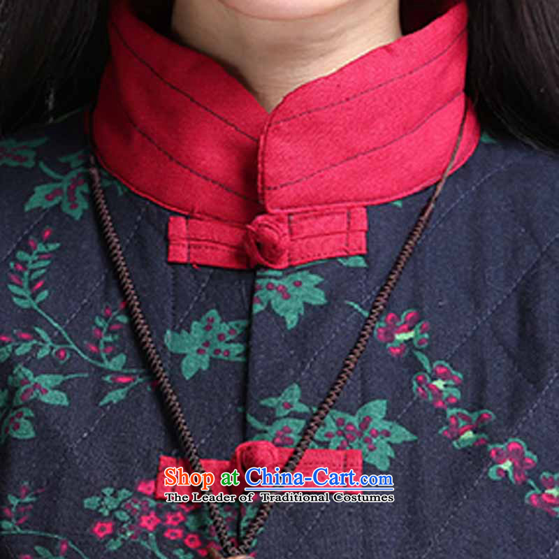 Card micro-ah autumn and winter load new Korean version of large numbers of ethnic women's video, thin to thick sister increase cotton linen loose neck long thick cotton jacket coat mm blue safflower XXL /145-160 code, Card micro-ah , , , shopping on the Internet