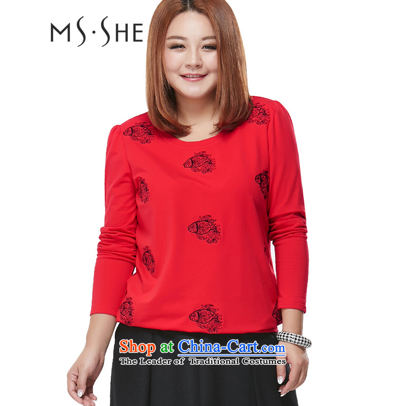 Msshe xl women 2015 Autumn replacing new Embroidery Mill forming the long-sleeved shirt, extra thick hair T-shirt pre-sale 2050 Red?XL-pre-sale to arrive at 12.10