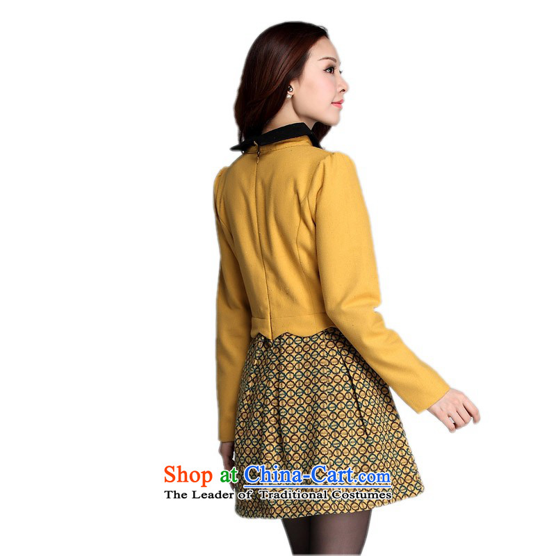 The land is still El Yi xl women's dresses Korean Peter Pan reverse collar gross stitching? A swing long-sleeved shirts thick mm video thin white collar gentlewoman short skirts stamp skirt 3XL yellow around 922.747 weighs 160-170, land is of Yi , , , sho