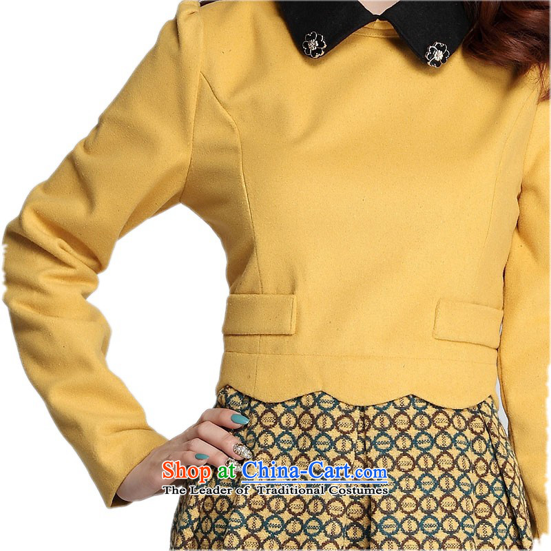 The land is still El Yi xl women's dresses Korean Peter Pan reverse collar gross stitching? A swing long-sleeved shirts thick mm video thin white collar gentlewoman short skirts stamp skirt 3XL yellow around 922.747 weighs 160-170, land is of Yi , , , sho