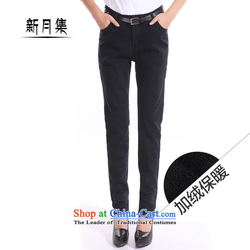Set the 2014 autumn and winter crescent on new larger ladies pants and thick jeans, lint-free female support c.o.d. trousers thick MM high waist graphics with a Straight thin black?30 leisure