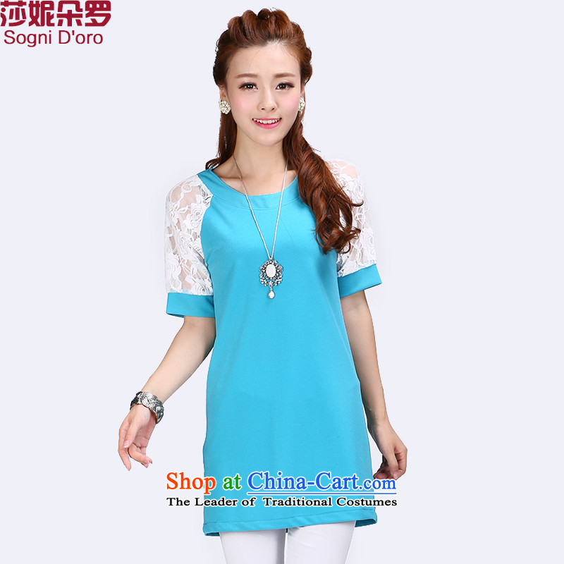 Shani flower lo xl female thick mm summer new 2014 minimalist neck shirt-sleeve t-shirt 6785 light blue4XL