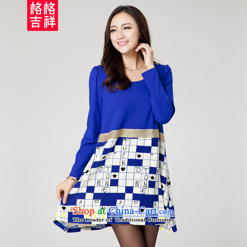 The interpolator auspicious xl women fall new Korean people thick thick mm video thin round-neck collar letters stamp stitching loose Sau San long-sleeved dresses SM59 Blue- 130 catties wearing L_100 catties_