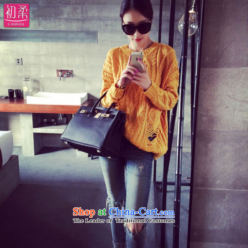 The early?spring and autumn 2014 replace Korea Sophie version of large numbers of ladies casual stylish mm thick lazy holed sweater relaxd clothes yellow are code