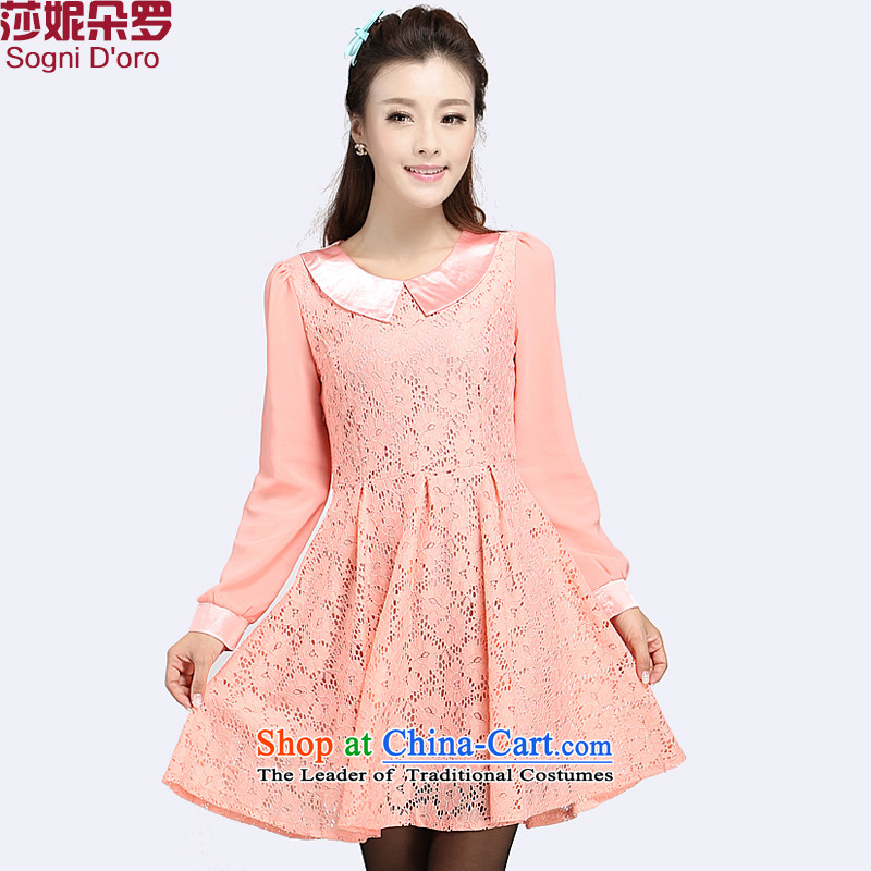 Shani flower, thick girls' Graphics thin, thick sister to xl Fall_Winter Collections lace long-sleeved video large thin dresses 4002 bare pink?2XL
