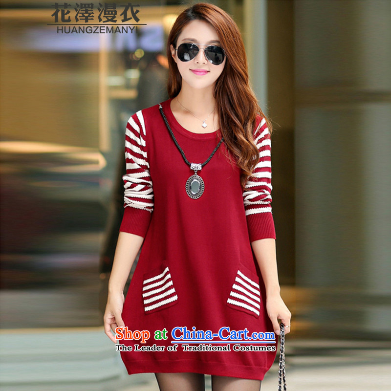 Flower-taek Man Yi 2015 autumn and winter large female Korean version of Knitted Shirt, forming the relaxd fit sweater dresses V8936 autumn and winter, wine red  XXL