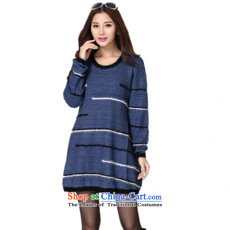 Package for larger women's mail sweater Cheongsams Korean autumn and winter new minimalist round-neck collar long-sleeved loose, dresses, forming the color plane leisure knitted dress thick mm blue will fit 130-180 catty