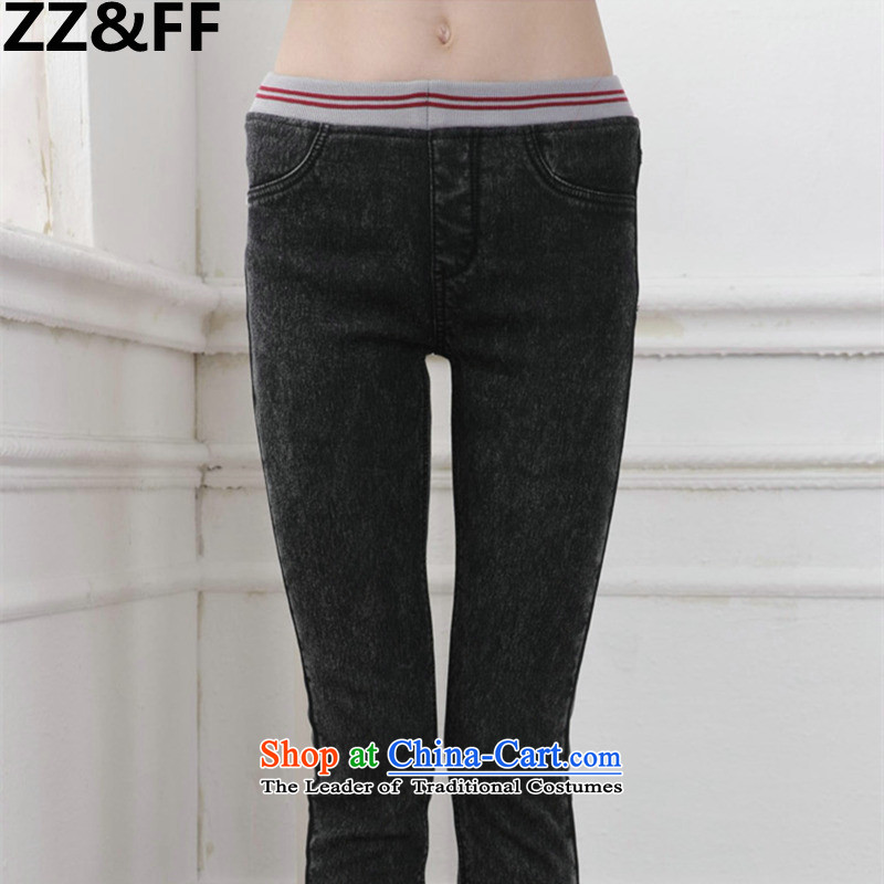Zz&ff autumn and winter new plus extra thick jeans female elasticated lint-free waist skinny legs pencil trousers graphics to increase women's code thick MM Korean black with gray snowflake plus XXXXXL,ZZ&FF,,, lint-free online shopping