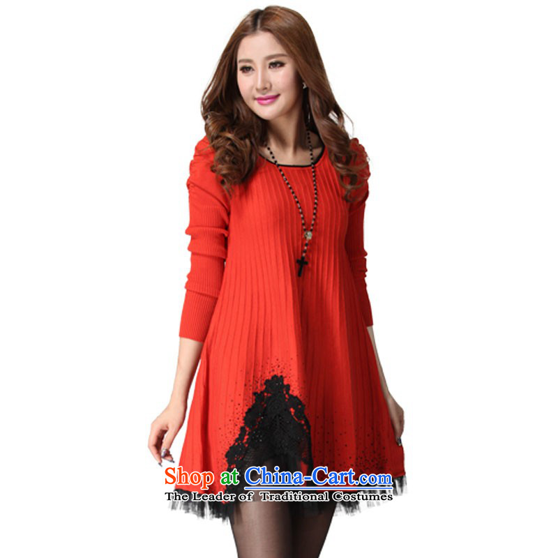 The Constitution hazel plus hypertrophy Code women's dresses Package Mail Korean lady temperament gauze stitching Sau San long-sleeved sweater skirt thick mm thin knitting forming the graphics skirt Red Orange red are suitable for 130-180 code catty