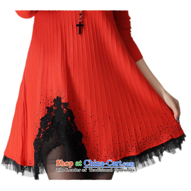 The Constitution hazel plus hypertrophy Code women's dresses Package Mail Korean lady temperament gauze stitching Sau San long-sleeved sweater skirt thick mm thin knitting forming the graphics skirt Red Orange red are suitable for 130-180 Code, the Consti