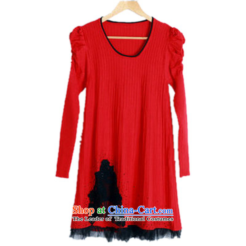 The Constitution hazel plus hypertrophy Code women's dresses Package Mail Korean lady temperament gauze stitching Sau San long-sleeved sweater skirt thick mm thin knitting forming the graphics skirt Red Orange red are suitable for 130-180 Code, the Consti