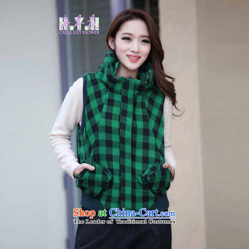 The sea route to spend the new personality crop grid sleeveless jacket 4135-1 large green tartan 3XL