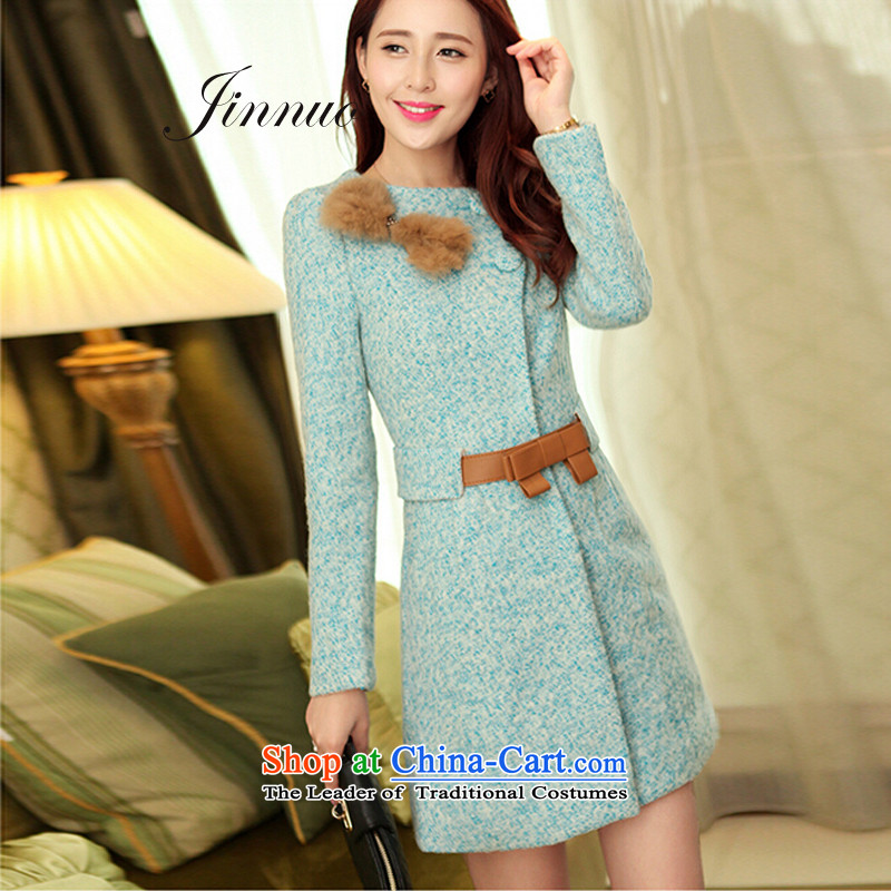 The world of Kam Yuet autumn and winter female sweet gentlewoman temperament aristocratic Princess Korean woolen coat candy colored Maomao bow tie in sub-ni jacket Long Hoodie m Blue M Kam World of Yue , , , shopping on the Internet