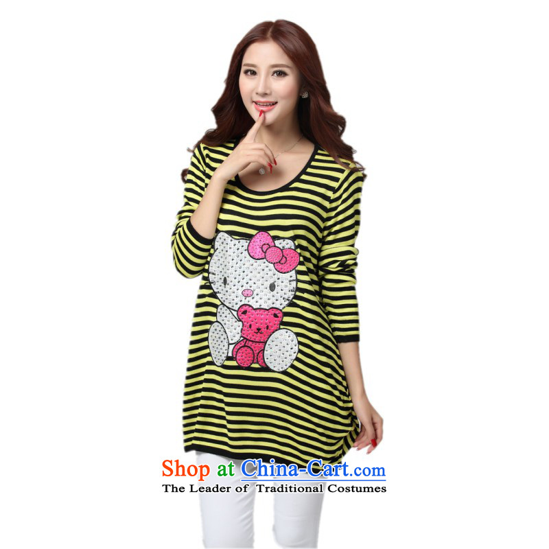 The Constitution hazel female larger sweater T-shirt with Korean autumn 2015 casual relaxd, streaks cheongsams lovely kitten alike stamp long-sleeved bat sleeves Knitted Shirt yellow are code for 130-180 catty