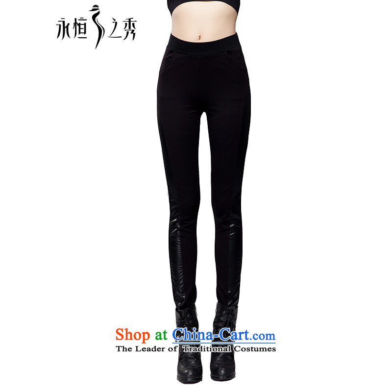 The Eternal Yuexiu code ladies casual pants 2015 Autumn thick sister thick people new Korean PU stitching graphics thin wild hip high Waist Trousers black 4XL_160 catty -180 catty through_
