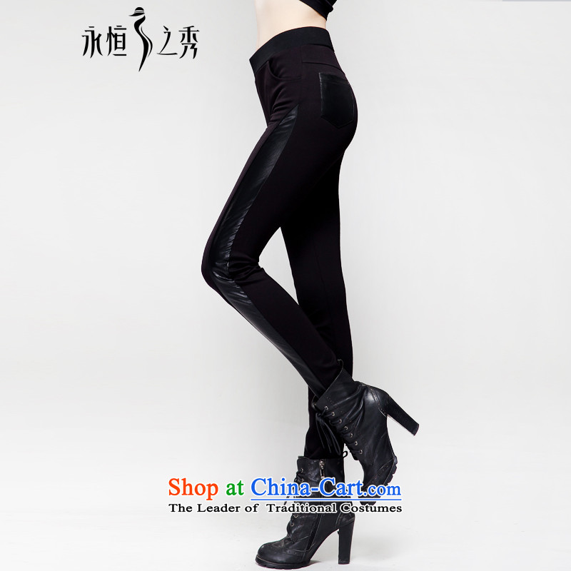 The Eternal Yuexiu code ladies casual pants 2015 Autumn thick sister thick people new Korean PU stitching graphics thin wild hip high Waist Trousers black 4XL(160 catty -180 through) Eternal catty-soo , , , shopping on the Internet