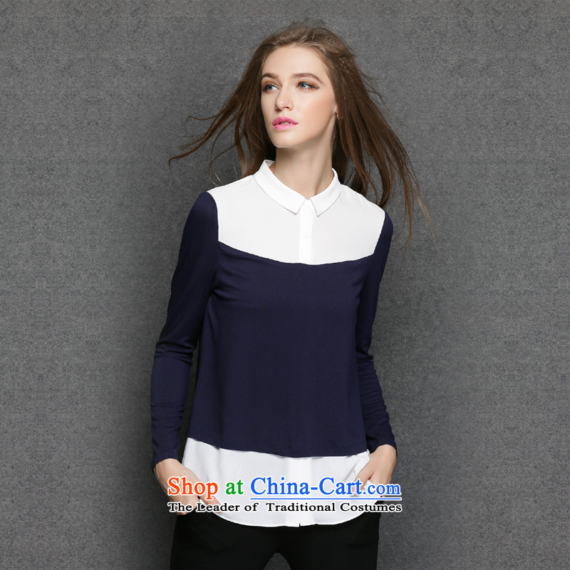 The Ni dream new) Autumn 2015, Europe and the large number of ladies thick mm stylish color plane collision stitching lapel long-sleeved shirt video thin two forming the false y3290 shirt , dark blue XL, Connie Dream , , , shopping on the Internet