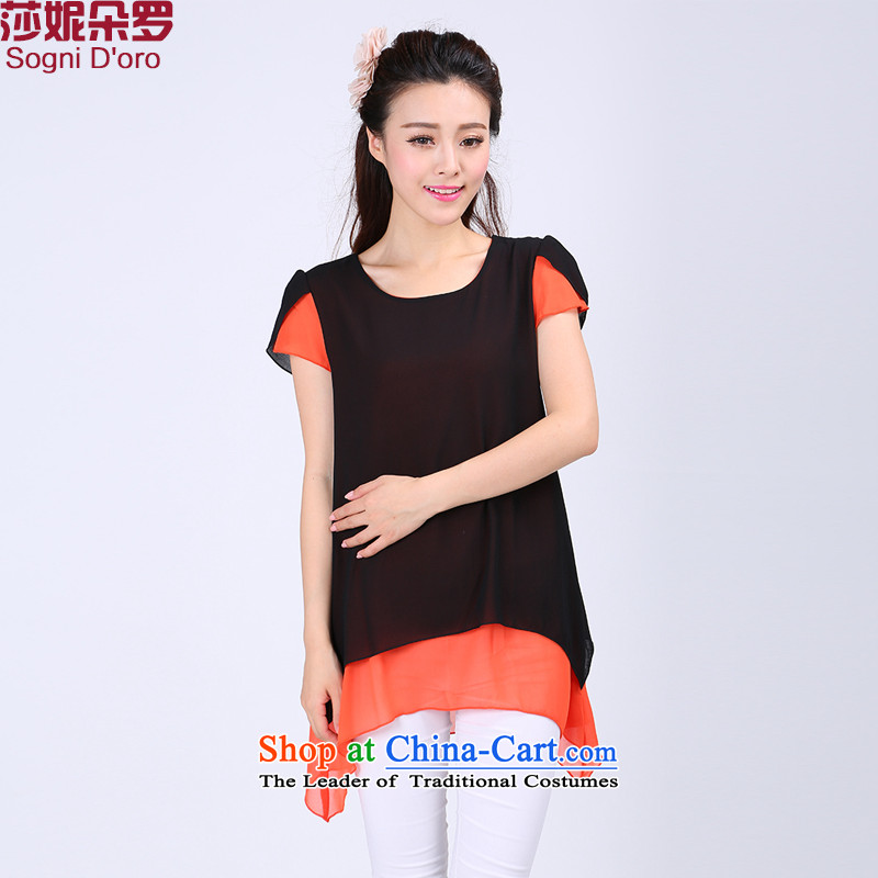 Luo Shani flower code T-shirts thick sister to intensify the thick, Hin thin, loose short-sleeved shirt 6747 female chiffon?5XL black