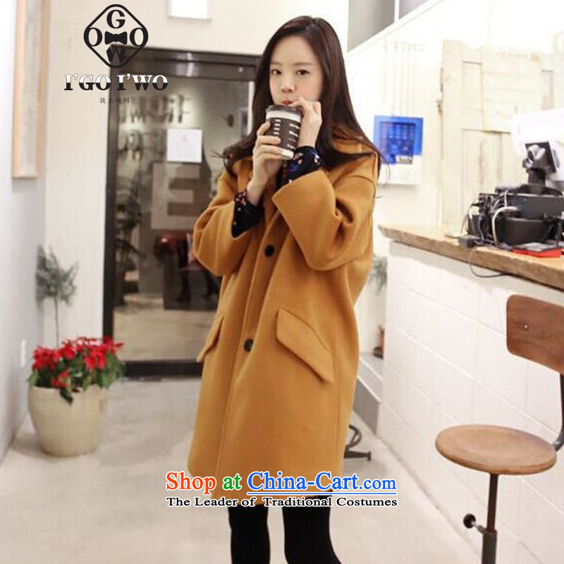 Iw 2015 autumn and winter new Korean loose minimalist lapel a wool coat female Sau San single row is long hair? large jacket turmeric yellowM