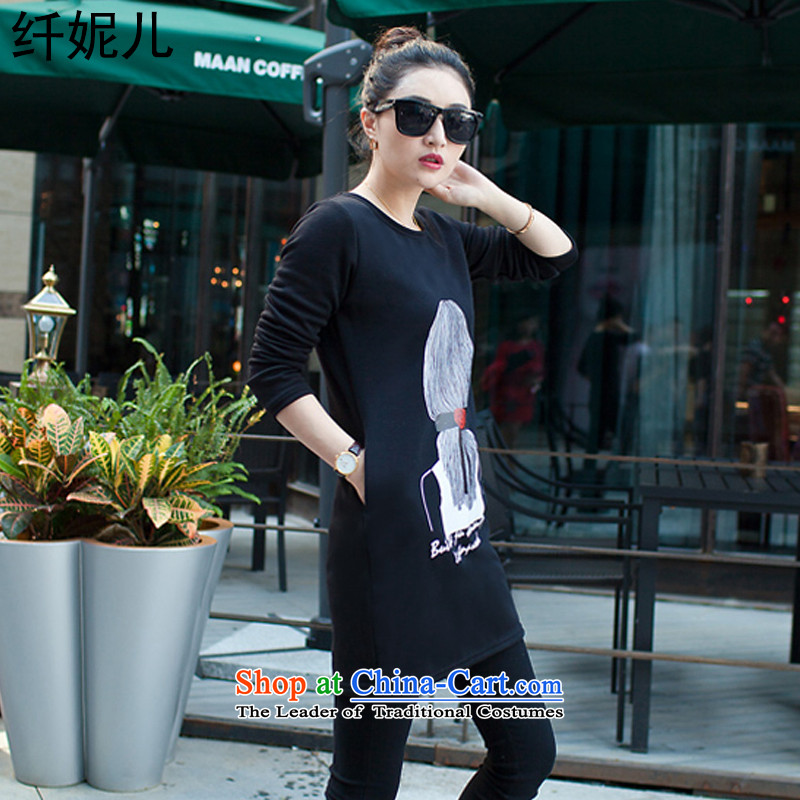 Connie's 2015 winter in the former Yugoslavia, the new large-thick lint-free T-shirt female loose recreational sport lace stamp long-sleeved shirt q5002 XXXL, black small-ni , , , shopping on the Internet