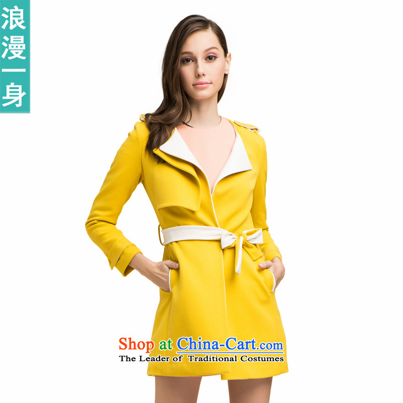 A Romantic Fall 2015 installed new sweet Sau San stylish knocked color stitching lapel Long Hoodie W84116102 YELLOW L