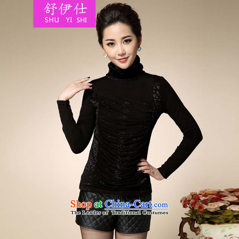 Schui shi?2015 high-end of autumn and winter atmosphere large Ms. thick mother T-Shirt ironing drill the lint-free cloth Sau San stylish and elegant gauze forming the Netherlands nail-ju high collar shirt black?XXL