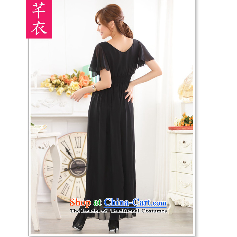 Increase women's dress code of the new Europe and the annual meeting of the thick mm2015 short-sleeved reset manually staple bead sexy V-Neck chiffon late chairman edition dress dresses Black XL 120-140, Constitution Yi shopping on the Internet has been p