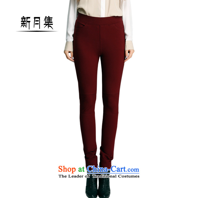 Crescent set larger women in spring and autumn 2015 Summer new products for larger casual pants thick elastic waist mm high waist skinny legs forming the Sau San video trousers, wine red38