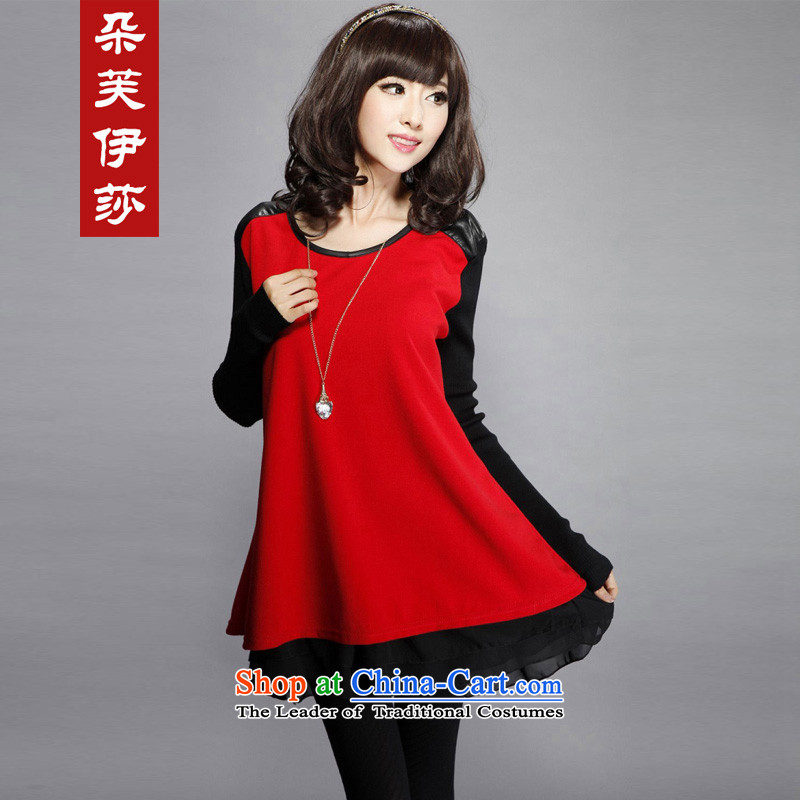 Flower to Isabelle 2015 autumn and winter new Fat MM to xl loose knitting stitching forming the long-sleeved dresses D7320 female red flower to Elisabeth 4XL, (dufflsa) , , , shopping on the Internet
