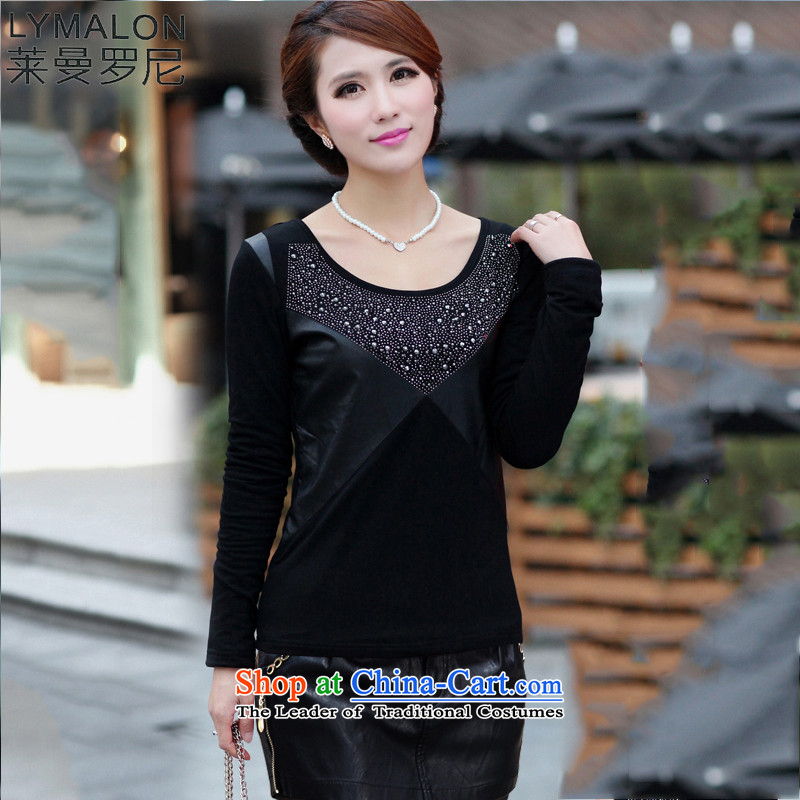 The lymalon2015 lehmann autumn and winter new Korean version of large numbers of ladies thick MM long-sleeved Sau San round-neck collar stitching forming the Netherlands 664 Black XXXL T-Shirt