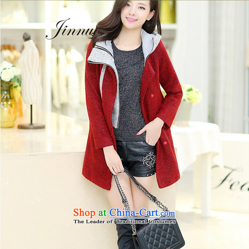 The world of Kam Yuet autumn and winter New Sau San video thin pink color with cap in the Spell Checker long female wool a wool coat wind jacket counters genuine large Korean sweet wine red XXL, temperament, Yue , , , the world's shopping on the Internet