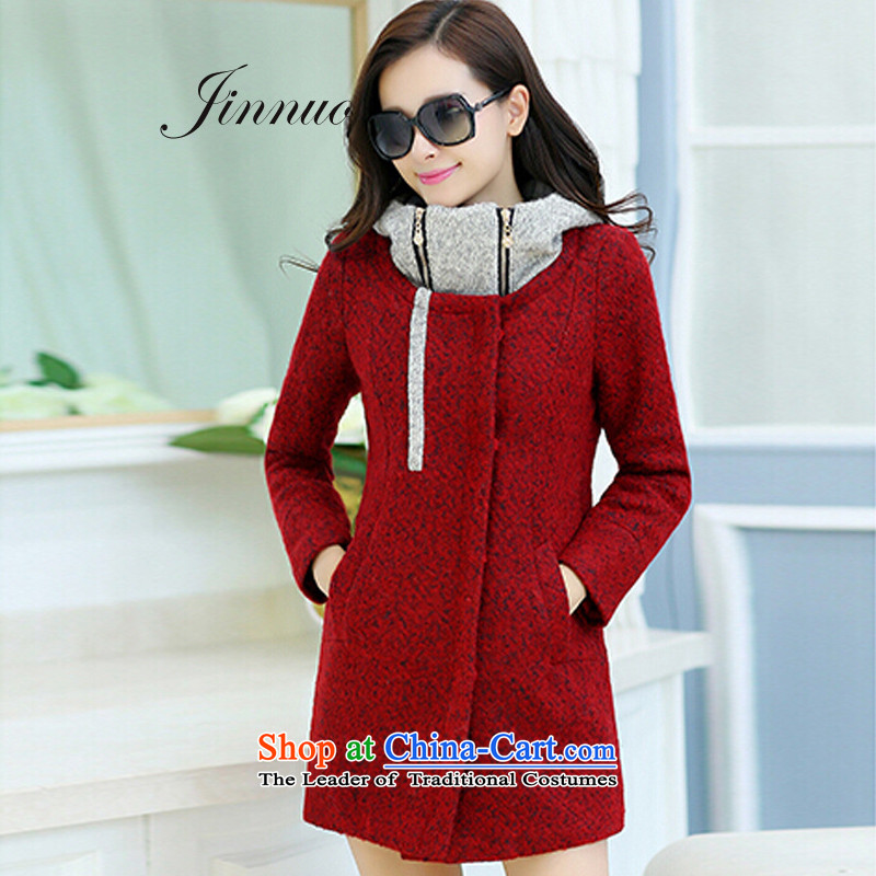 The world of Kam Yuet autumn and winter New Sau San video thin pink color with cap in the Spell Checker long female wool a wool coat wind jacket counters genuine large Korean sweet wine red XXL, temperament, Yue , , , the world's shopping on the Internet