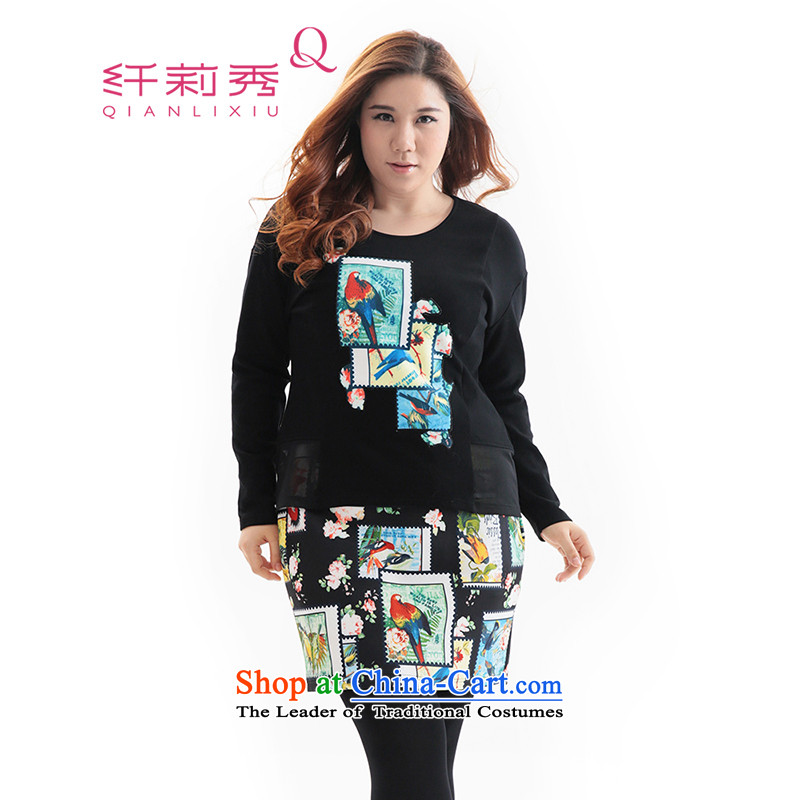 The former Yugoslavia Li Sau 2014 autumn and winter new larger female stamps stamp round-neck collar long-sleeved two kits dresses Q6302 3XL black