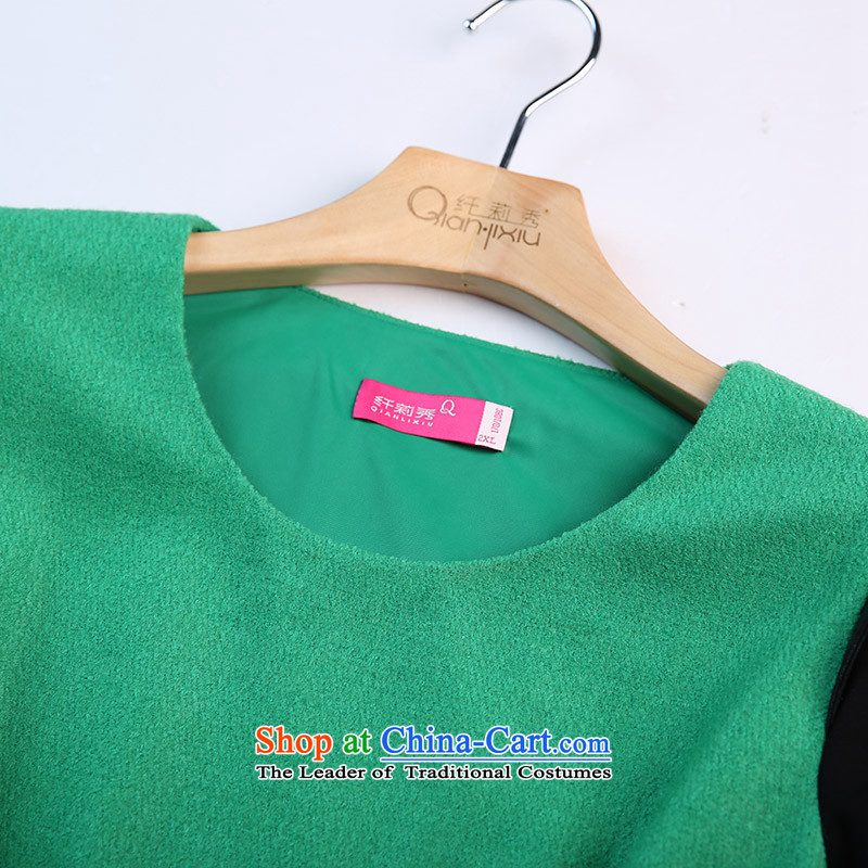 The former Yugoslavia Li Sau 2014 autumn and winter new larger Couture fashion color plane collision stitching PU round-neck collar leisure A swing gross? dresses Q6568  4XL, Yugoslavia Li Hsiu-green , , , shopping on the Internet