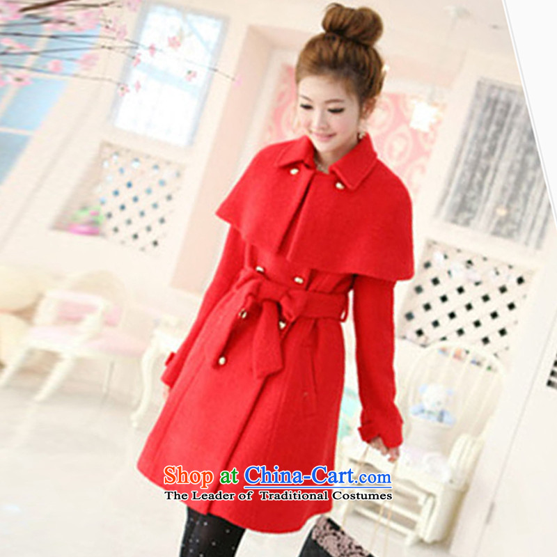 2015 Autumn and winter new Korean version of the long hair? jacket wild cloak coats female cotton coat winter cotton waffle warm clip tether windbreaker larger female red clip cottonS