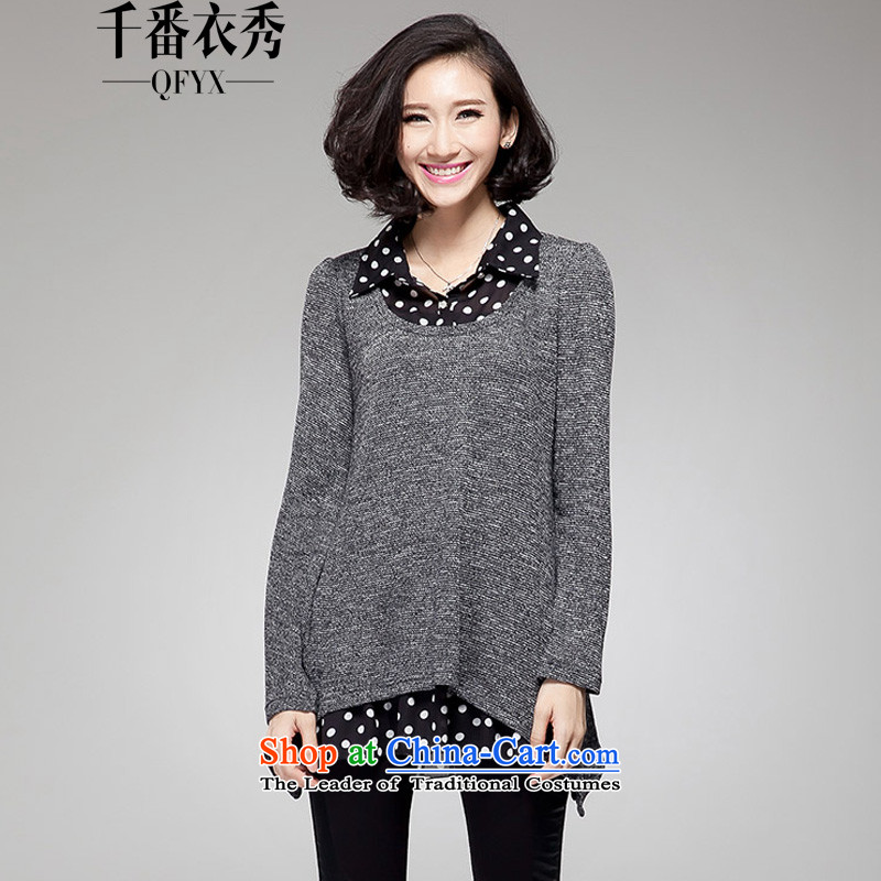 Double Chin Yi Su-XL lady knitted shirts thick mm loose shirt lapel leave two T-shirts are ZM6010?XXXXXL Gray
