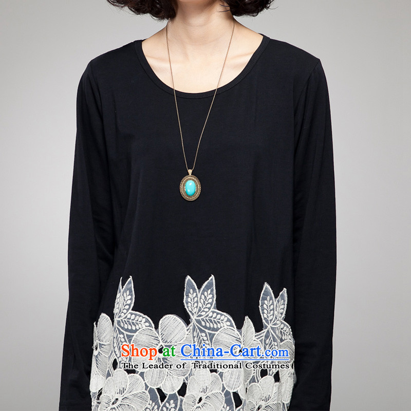 Double Chin Yi Su-large female to long-sleeved T-shirt loose cotton stretch embroidery spell checker shirt Q6807 forming the wild Black XXXXL 155-170, recommends that you embroidered Gigi Lai blue , , , shopping on the Internet