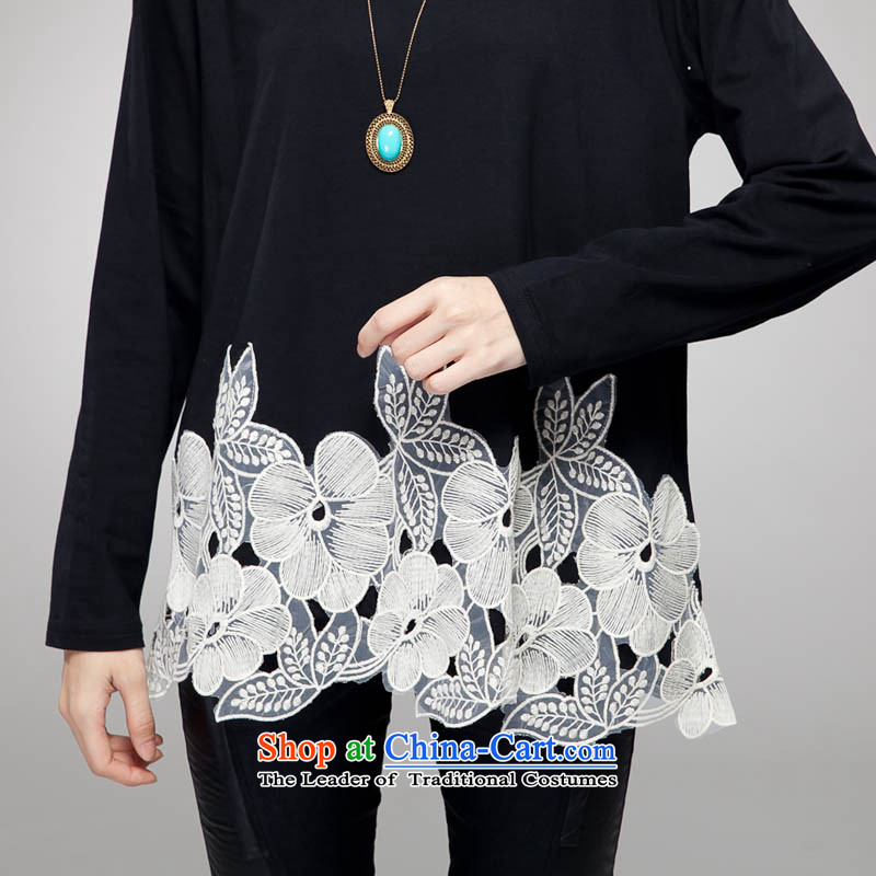 Double Chin Yi Su-large female to long-sleeved T-shirt loose cotton stretch embroidery spell checker shirt Q6807 forming the wild Black XXXXL 155-170, recommends that you embroidered Gigi Lai blue , , , shopping on the Internet
