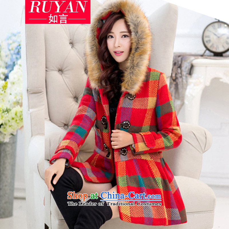 2015 Fall_Winter Collections new_? Korean female coats and stylish grid with cap in gross? jacket long thin nagymaros for graphics cloak gross? windbreaker red cloak female plaidXL