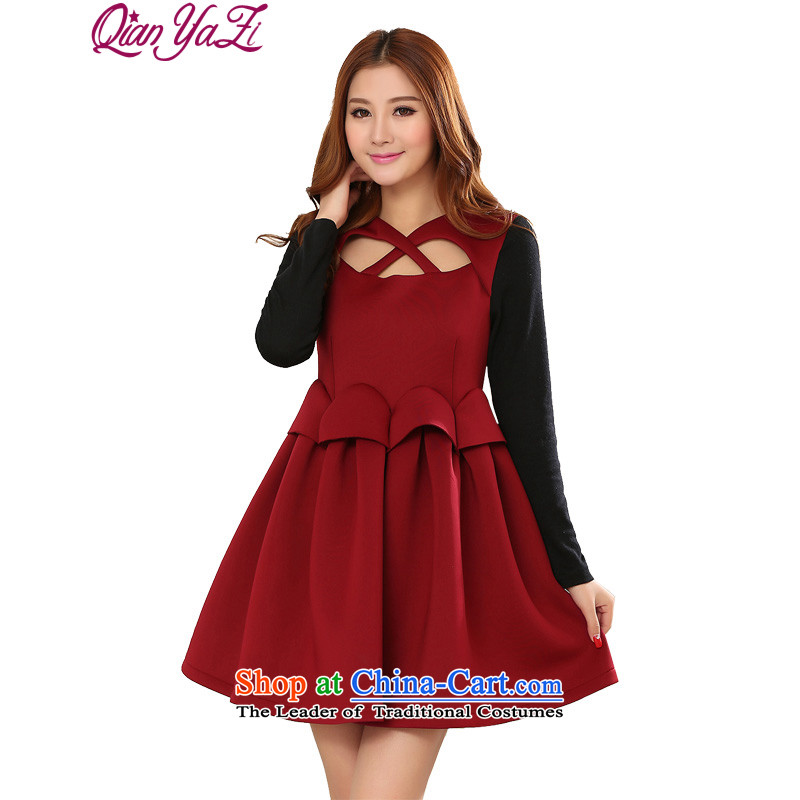 In the autumn of 2015, replacing sexy sweet temperament thick thick mm lightweight warm bon bon skirt xl women's long-sleeved black belly kumabito knitted dresses deep red 155-170 3XL catty