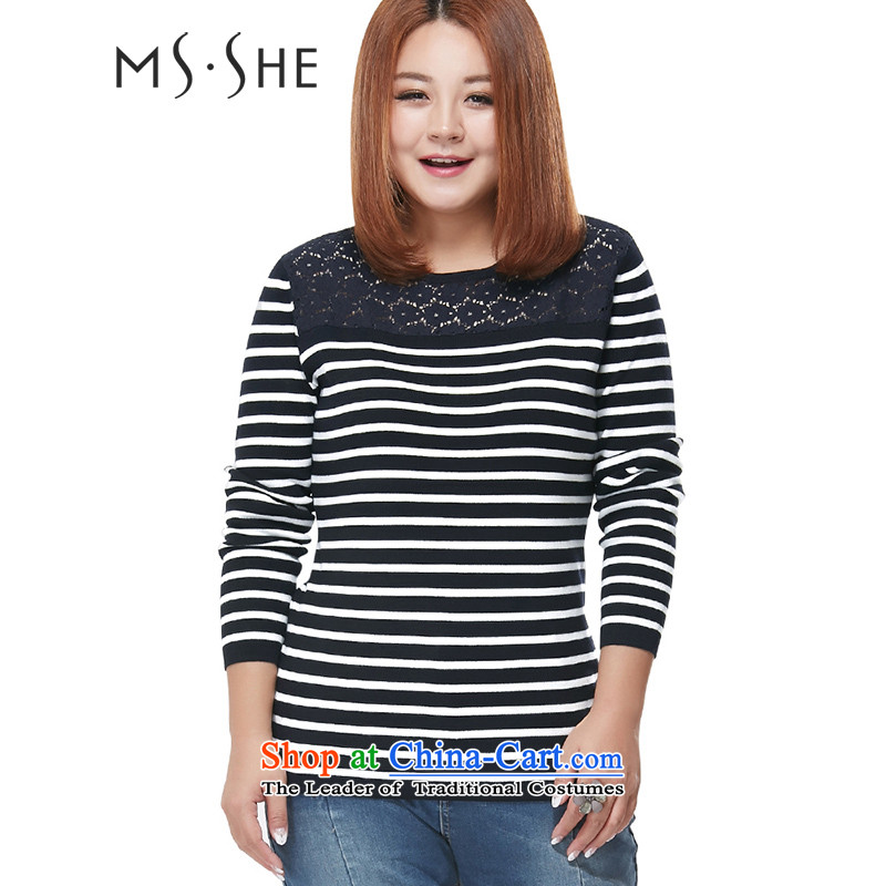 Msshe xl women 2015 Autumn new streaks knocked color graphics thin sweater Sau San pullovers 7432 seeks blue 3XL