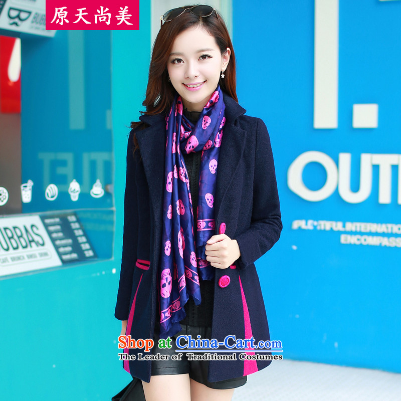 The original days Sang-mi 2014 winter stylish Korean stitching color Sau San lapel a wool coat female CD81A0LT06 navy blue XXL