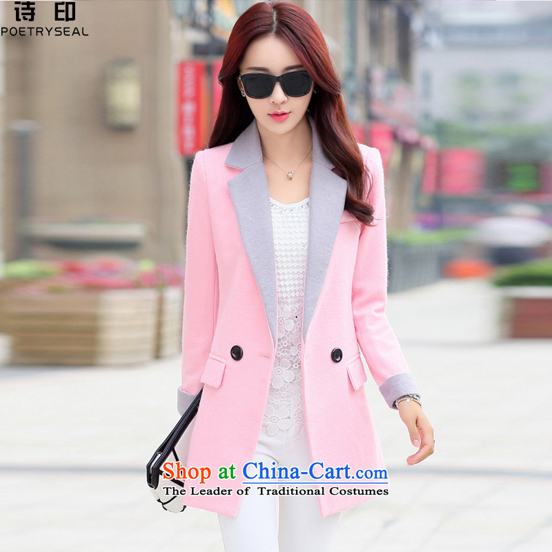 Printed poems? for winter coats 2015 new Korean female a wool coat     in the long hair? female pink jacket coat?L