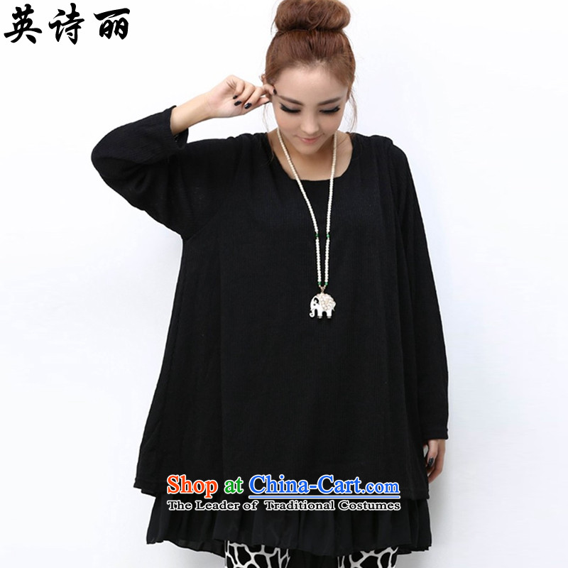 Poetry,?2015 Autumn New_ won relaxd to version XL Graphics thin long-sleeved blouses and thick mm suits skirts black?XXXXL 6950