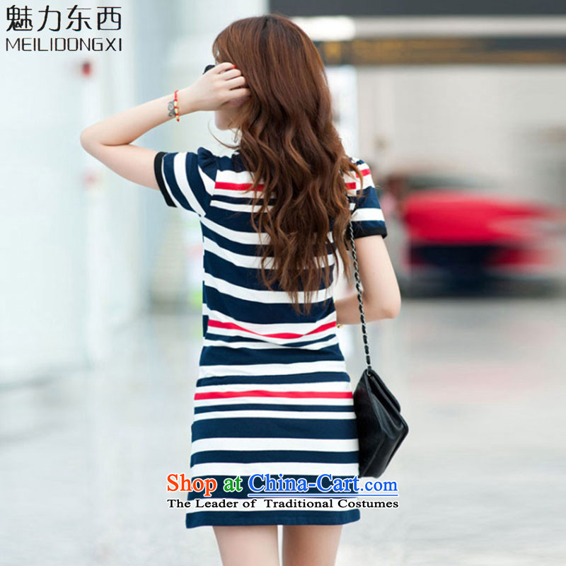 What charm of autumn and winter 2015 new larger female streaks dresses New Female dress women T837 blue and white striped short-sleeved L, nothing else (MEILIDONGXI charm shopping on the Internet has been pressed.)