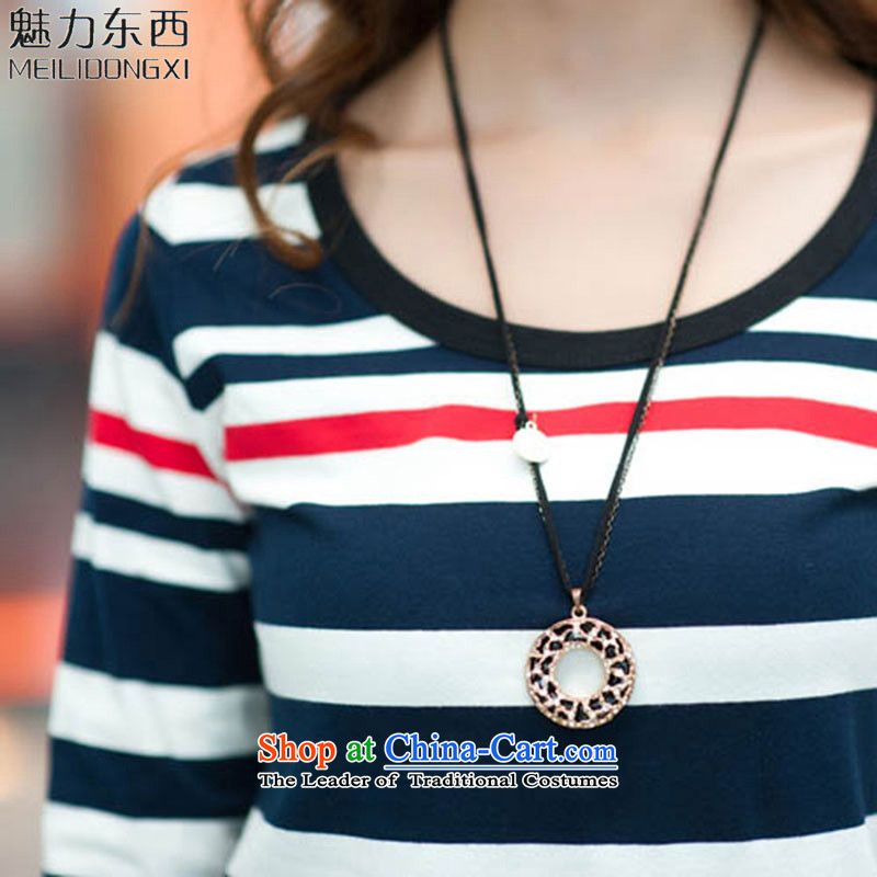 What charm of autumn and winter 2015 new larger female streaks dresses New Female dress women T837 blue and white striped short-sleeved L, nothing else (MEILIDONGXI charm shopping on the Internet has been pressed.)