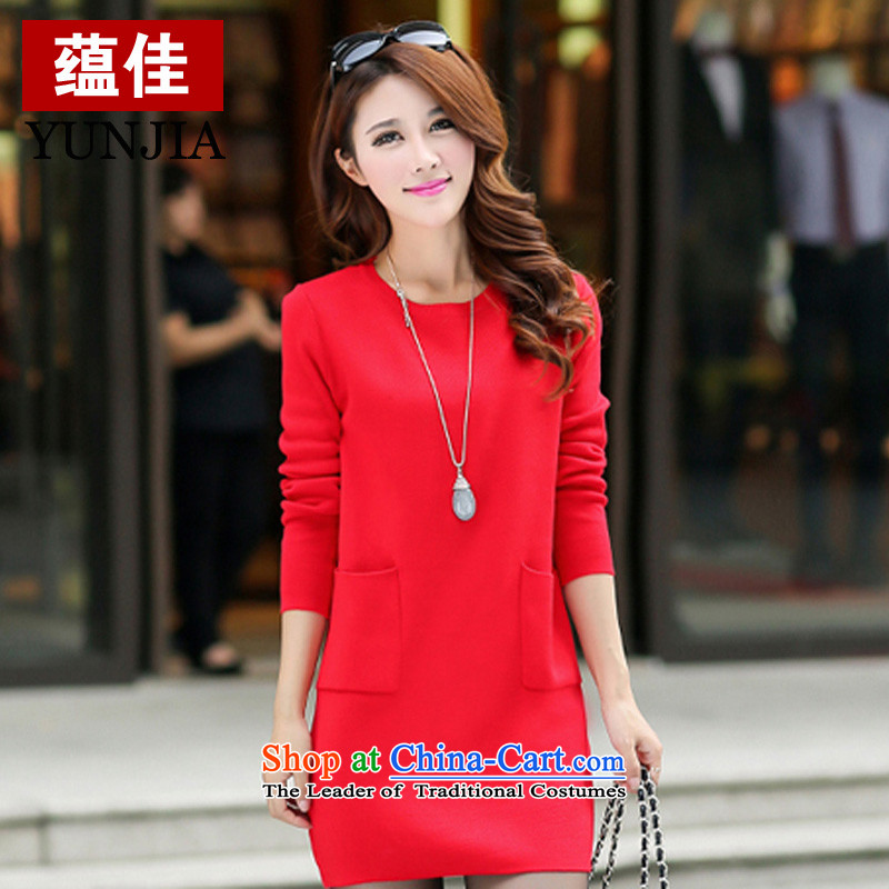 To genuine better to increase women's dress sweater? red pocket decorated skirt wear long-sleeved round-neck collar skirt Red?4XL
